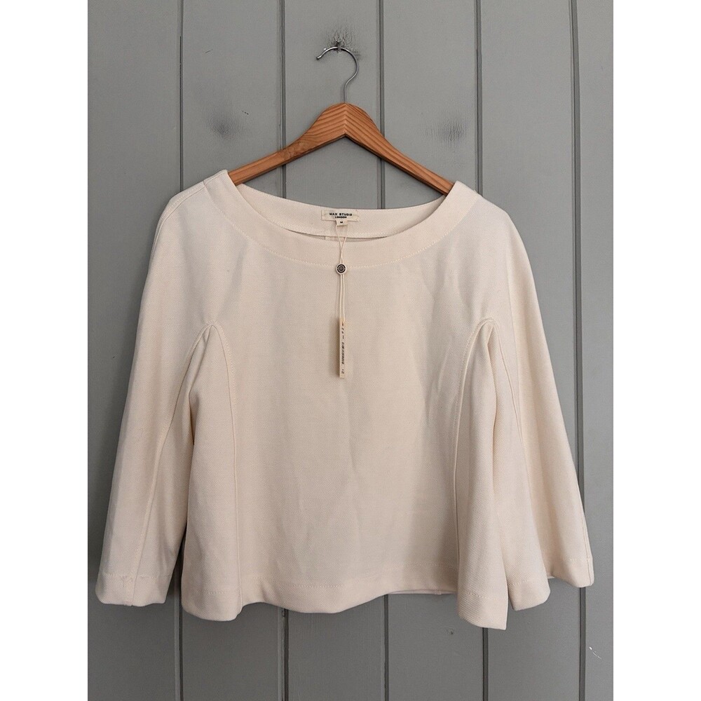 NWT Max Studio Top M Medium Cream Stretch Knit Cropped Boat Neck Flare Sleeves